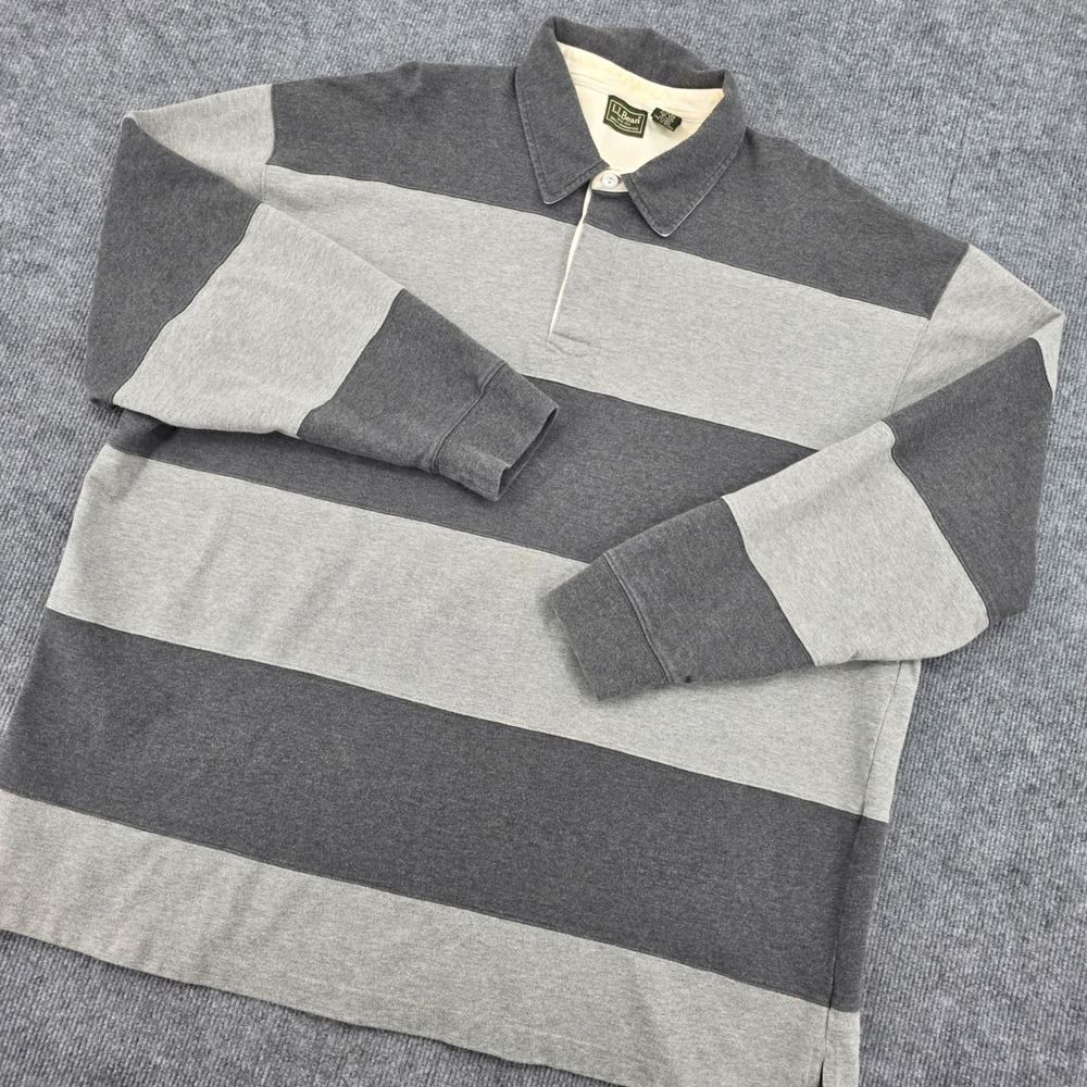 LL Bean Mens XXL Gray Striped Long Sleeve Rugby Shirt Cotton Jersey 0 KL39